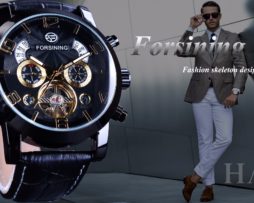 Forsining Tourbillion Fashion Wave Black Golden Clock Multi Function Display Mens Automatic Mechanical Watches Top Brand Luxury